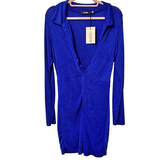 NWT Missguided Womens V-Neck Tall Knot Front Collared Mini Dress Blue 10 Y2K - Picture 1 of 7